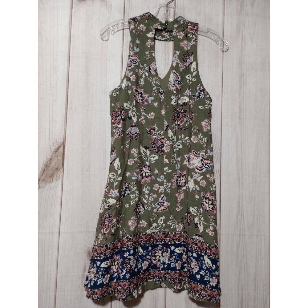 Blue‎ Rain Olive Green Floral Halter Keyhole Mini Dress Womens Small 26Q207TL5D - Picture 2 of 8